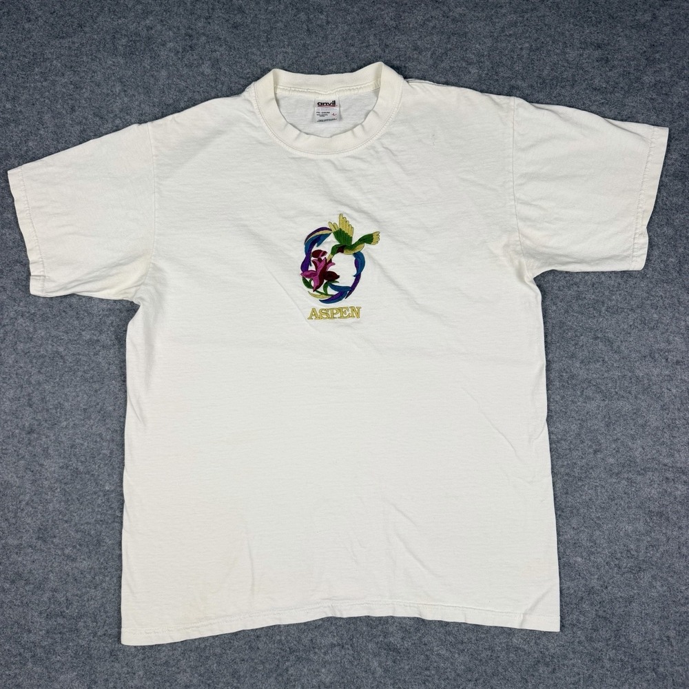 Anvil Aspen Embroidered Hummingbird T Shirt White L 90s USA Retro Vintage